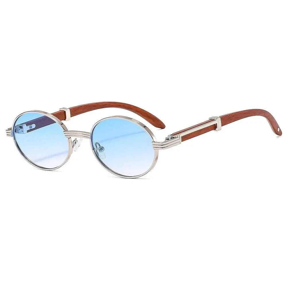 Round Blue Lens Sunglasses‎ Mens Wood Temple Metal Frame Fashion Eyewear LENTES